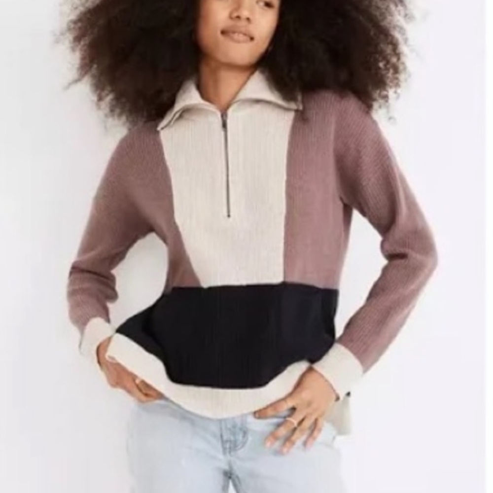 Madewell Colorblock Half-Zip Sweater in Mauve, Cream & Black